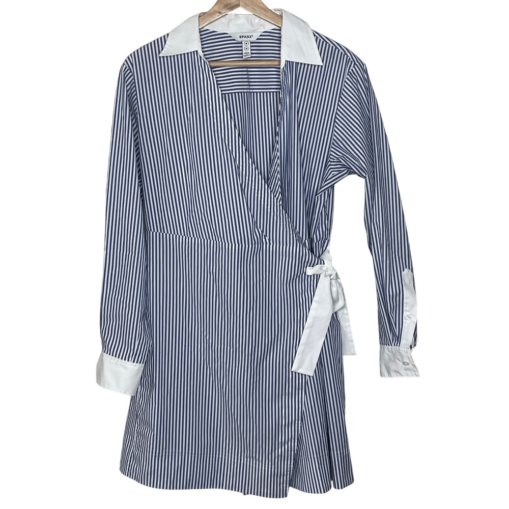 Spanx Womens‎ Navy White Striped Wrap Shirtdress Long Sleeve Size M Collared